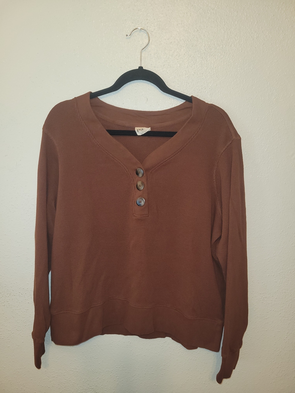 PACT Organic Cotton Waffle Knit Henley Top Rust Brown Women’s Large